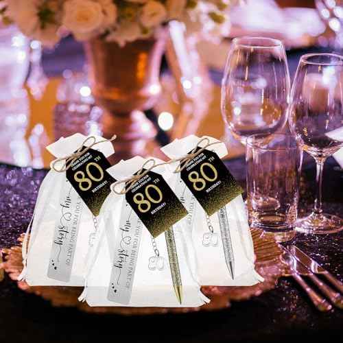 24 Set 80th Birthday Favors for Guests Anniversary Party Favor Thanks for Coming Glitter Ballpoint Pen Bookmark Thank You Card Organza Bag for Adult Appreciation Souvenir Birthday Gift(80th)