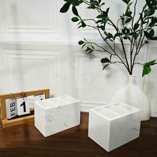 Marble Pen Holder, White Stone, Rectangular Desktop Organizer for Office Study (white 3 layer)