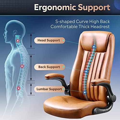 DEVAISE Executive Chair Computer Office Chair, High Back Ergonomic Desk Chair with Adjustable Flip-up Armrests, Lumbar Support and Thick Headrest, Brown