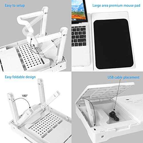 Laptop Table for Bed, Adjustable Laptop Bed Desk with Fan, 4 USB Ports, Portable Lap Desk with Foldable Legs, Laptops Stand for Couch Sofa Bed Tray with LED Light, Storage, Mouse Pad - White