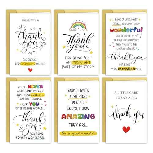 6 Pcs Thank you Cards with Envelope, 8 x 5.3 Inches, Appreciation Card for Men Women, Lovely Thank You Gifts Card for Friend, Coworker, Teacher