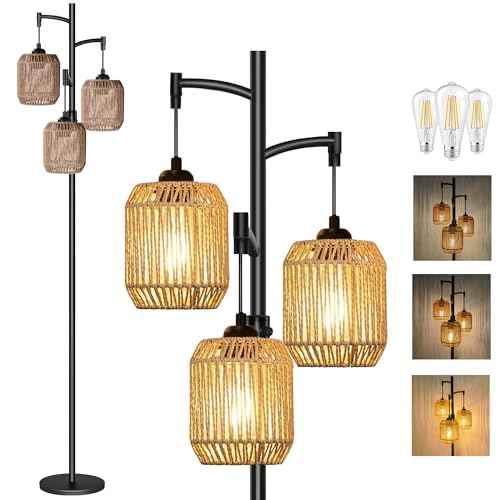 Boho Floor Lamps for Living Room, 65'' Dimmable Farmhouse Rattan Standing Lamp with LED Bulbs, 3 Light Tree Rustic Tall Lamps for Bedroom, Office, Rotary Switch