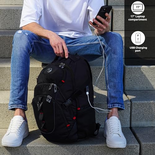 Swissdigital Design Laptop Backpack with USB Charging Port, Travel Backpack Fits 15.6 inches Computer, 31L College School Backpack for Men, Black | SD803
