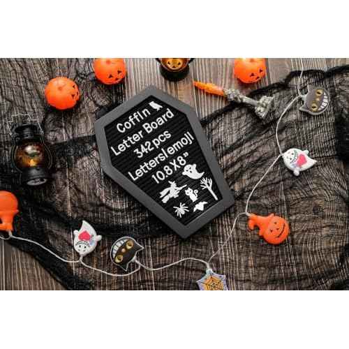 Coffin Felt Letter Board with 342 Changeable Letters&Numbers, 10.8¡±x8¡± Spooky Letterboard Gothic Message Board Letter Sign Board with Stand and Canvas bag for Halloween Party Christmas