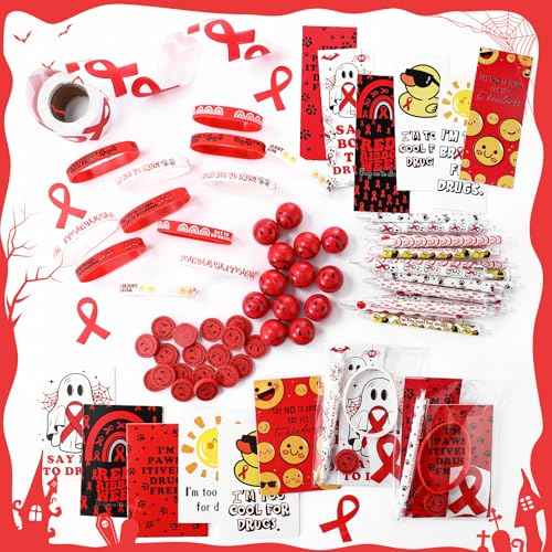 Epakh 788 Pcs/48 Sets Red Ribbon Week Awareness Supplies for Student Teacher Say No to Drugs Mechanical Pencil Notepad Bookmark Eraser Bracelets Sticker Bouncy Ball for School Educational Charity