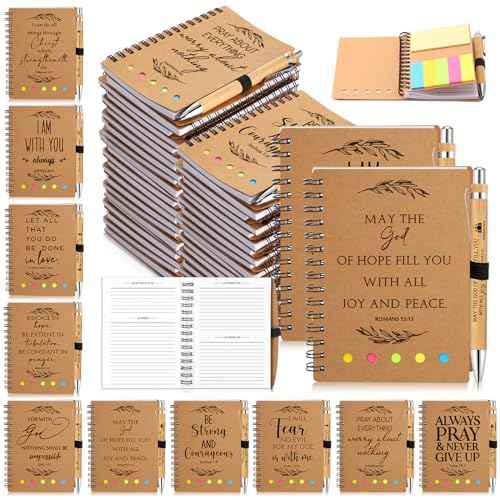 Spakon 30 Set Christian Gifts Bulk Church Gifts Religious Notebook Spiral Bible Verse Bamboo Pens Mini Bible Study Journal for Sunday School Employee Coworker Men Women (Brown)