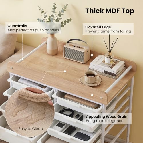 LDAILY White 10-Drawer Rolling Cart with Wooden Top – Lockable Wheels, Dual-Size Drawers