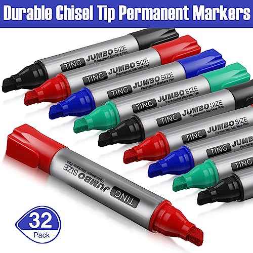 Fuutreo 32 Pcs Jumbo Permanent Markers Bulk Large Chisel Tip Permanent Markers Waterproof Jumbo Pens Quick Drying Office Teacher Supplies(Black, Green, Blue, Red)
