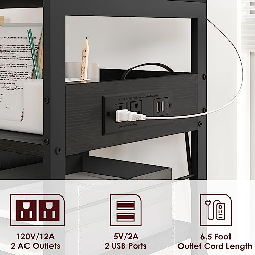 GarveeHome Printer Stand, Large Printer Stand with Wheels, 4 Tier Office Rolling Cart with Charging Station, Mobile Printers Table Paper File Organizer, Tall Printers Table for Home Office,Retro Black
