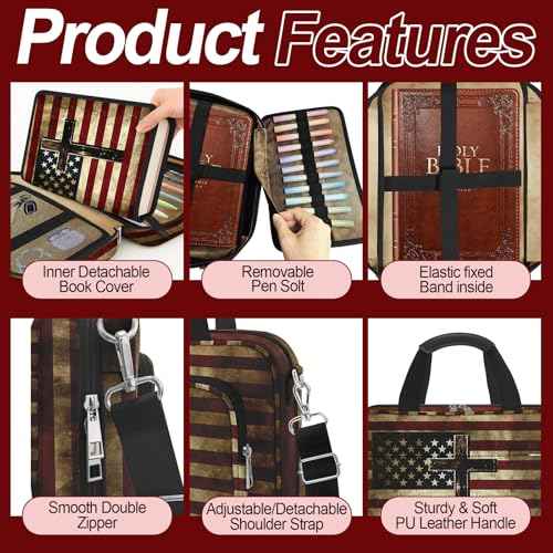 American Flag Cross Bible Cover Case for Women Men Boys, Large Bible Bag Book Carrying Case with Strap & Handle Zipper Pocket, Bible Study Supplies Journaling Kit, Highlighters and Pens Cross Clips