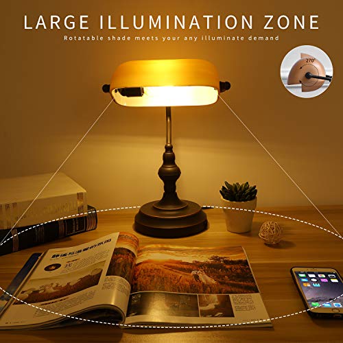 Banker Desk Lamp Touch Control, Vintage Banker's Desk Lamp with USB Port, 3 Way Dimmable Desk Lamps, Farmhouse Library Lamp Oil Rubbed Bronze for Office, Study Room
