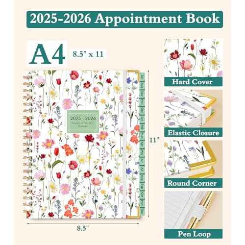 2025-2026 Appointment Book, Hardcover Planner 15 Months Weekly and Monthly (October 2025 - December 2026), 8.5"x11" Daily Hourly Planner 60-Minute time Slots, Spiral Calendar Schedule Book for Work School Teacher Student, Wildflower Garden