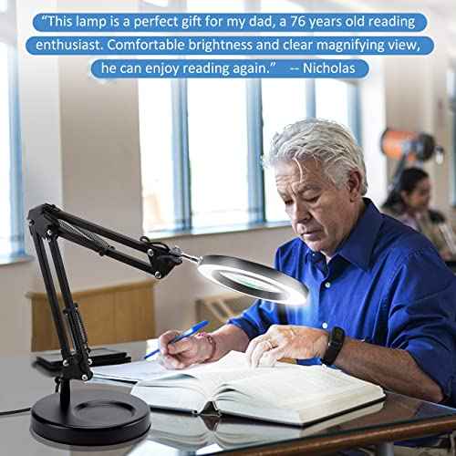 LANCOSC 2-in-1 Magnifying Glass with Light and Stand, 5X Real Glass Lens, 3 Color Modes Stepless Dimmable, Magnifying Desk Lamp & Clamp, LED Lighted Magnifier for Repair, Reading, Crafts, Close Works