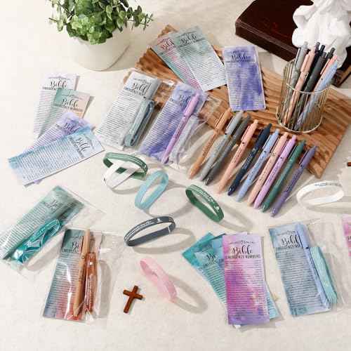 100 Set Clergy Appreciation Day Gifts Bulk Bible Verse Pens Religious Silicone Wristband Watercolor Bible Emergency Numbers Bookmarks Church Gifts for Men Women Sunday School