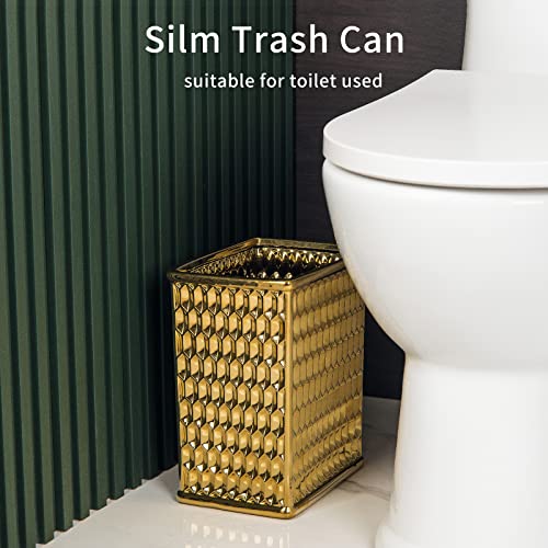 Ceramic Gold Square Trash can Waste Basket, Decorative Garbage Can for Bathroom, Bedroom, Home Office, Kitchen, Dorm, College (1.5 Gallon, Small, Open Top)