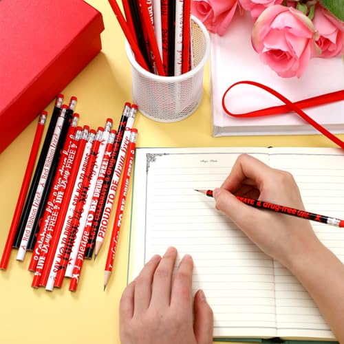 Tenceur 240 Pcs Red Ribbon Week Pencils Bulk Red Ribbon Awareness Month Supplies 12 Designs Drug Free Pencils with Erasers for Teacher Office Supplies Volunteer Fundraising Charity Activity