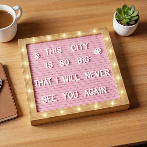 Pink Felt Letter Board with LED Lights & Wooden Stand 10x10 Inch
