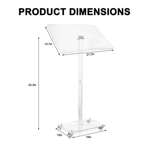 JGMZTZT Podium Stand, Portable Clear Acrylic Podium Stand, Modern Lecterns & Podiums with 4 Lockable Wheels, for Weddings, Classroom, Concert, Church, Speech, 21.7" L x 15.7" W x 43.3" H