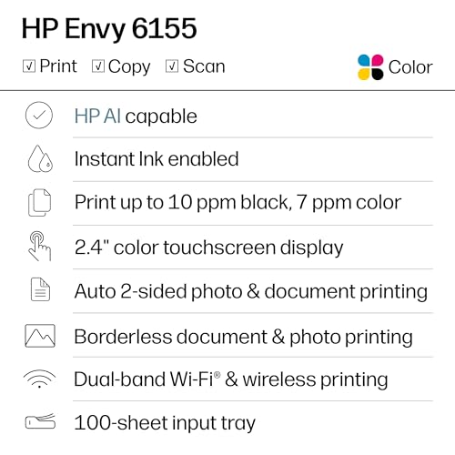 HP Envy 6155 Wireless All-in-One Color Inkjet Printer with Touchscreen & Duplex Printing