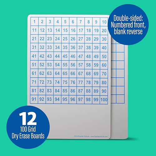 Flipside Products 9" x 12" Two Sided Dry Erase Board Hundreds Grid, Learn to Count, Counting Aid, Number Chart, Classroom and Home, Pack of 12