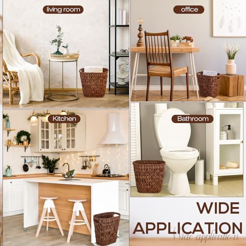 Hushee 2 Pack Wicker Waste Basket, Wicker Trash Can for Bathroom, Rattan Trash Can, Woven Bin for Office, Hyacinth Waste Basket for Home Kitchen(Plastic Water Hyacinth,Brown)