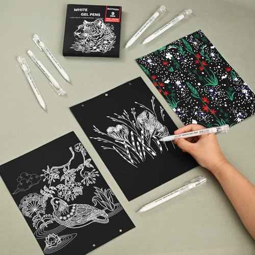 White Gel Pens - 0.6/0.8/1.0mm Fine Point Opaque White Archival Ink Pen Set for Black Paper Art, Bullet Journaling & Holiday Gifts - 9 Pack Multi-Size Gel Pens for Artists, Beginners