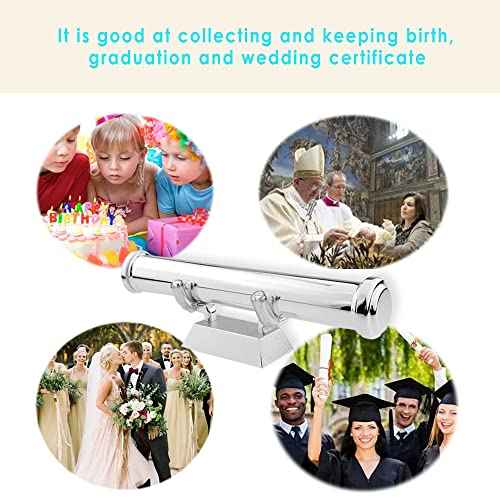 silver scroll holder with stand for wedding decoration, metal Brackets birth certificate holder for baby keepsake gift, silver poster storage tube, graduation diploma scroll case display stand