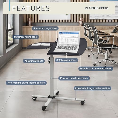 Techni Mobili Laptop Cart with Tilting Top - Adjustable Height Rolling Laptop Stand (Graphite) - Laptop Cart