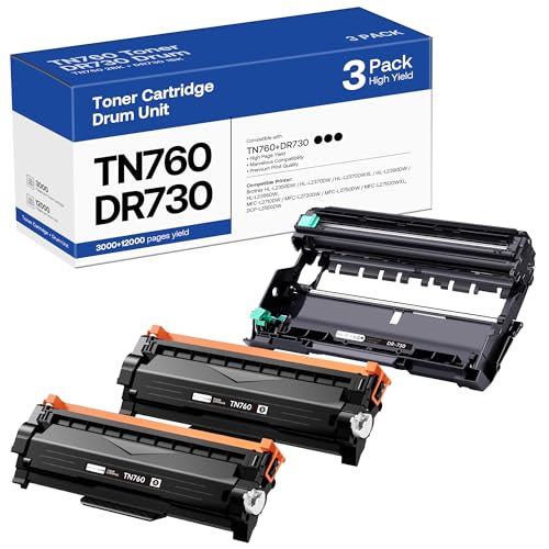 TN760 Toner Cartridge and DR730 Drum Unit Replacement for Brother TN 760 TN-760 TN730 DR-730 to use with MFC-L2710DW MFC-L2750DW HL-L2370DW DCP-L2550DW Printer (2 Toners, 1 Drum Unit, 3 Pack)