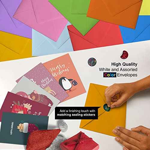 Dessie 100 Unique Modern Christmas Cards with Envelopes and Matching Sealing Stickers. Happy Holiday Cards with Short Greetings Inside. Bulk Christmas Cards Boxed with Envelopes