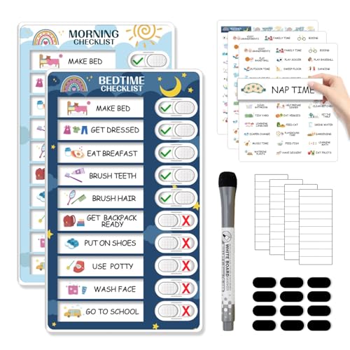 2 in 1 Bedtime/Morning Routine Chart for Kids Toddlers, Magnetic Chore Chart for Kids, Cute Visual Schedule for Kids Schedule Board for Home, Kids Checklist to Do List ADHD Tools for Kids