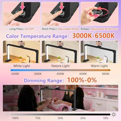 Large Nail Tech Lamp for Desk, 34 Inch Foldable LED Nail Arch Light with Phone Holder, Dimmable & 3 Colors Half Moon Light Table for Eyelash Extension, Manicure, Beauty, Tattoo - Black