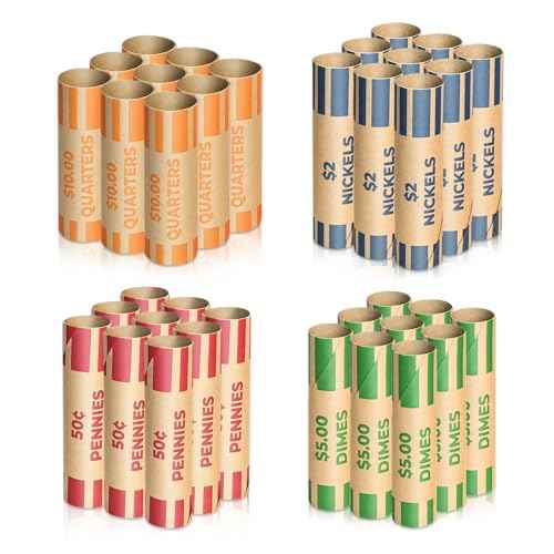 THEBLUETOUCH Preformed Coin Wrappers Rolls (36 Assorted) - Quarters, Pennies, Nickels and Dimes