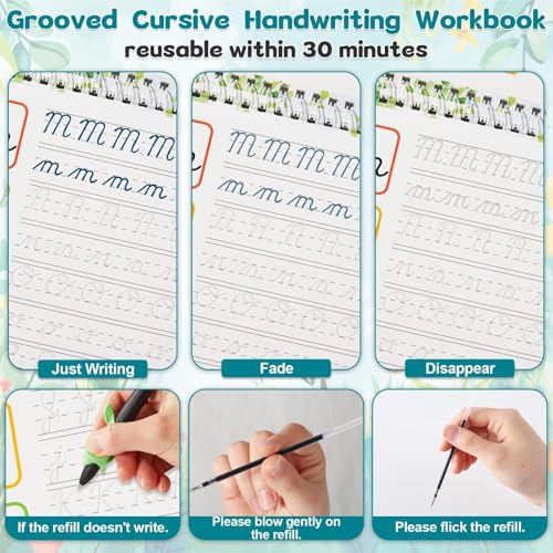 GISGFIM 4-Pack Grooved Cursive Handwriting Workbook Kit with Disappearing Ink Pens - Style 1 for Kids & Teens