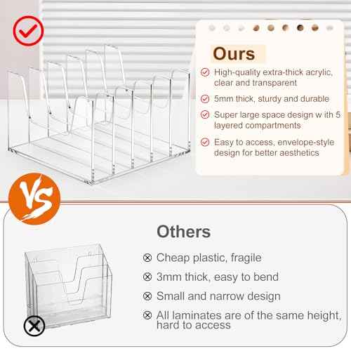 Clear Acrylic Magazine File Holder Workspace 5 Section Bookshelf Upright Book Paper Magazine Notebooks Envelopes Mail Sorter Holder Organizers for Desk Home Office Classroom