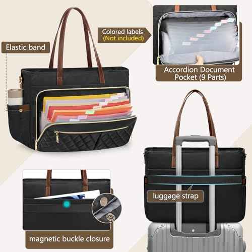 Teacher Tote Bag 15.6 Inch Laptop Bag for Women Work Bag with Accordion File Organizer Pocket & Insulated Pocket Nurse Bag