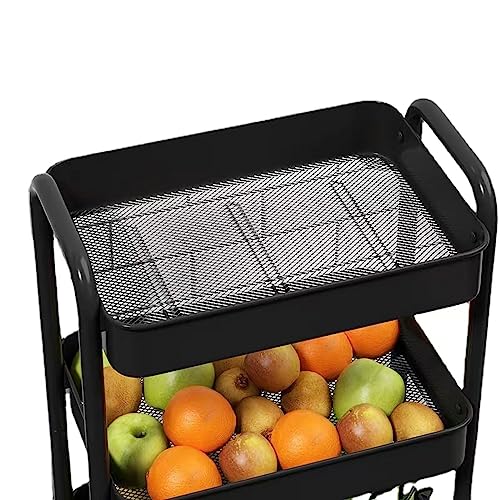 XIUSHE 3-Tier Metal Utility Cart Rolling Storage Organizer, Portable and Sturdy, with Wheels, Ideal for Office, Kitchen, Bathroom, Classroom, and More, Black