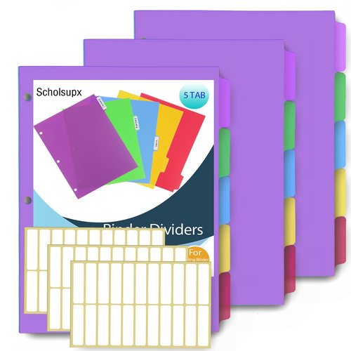 3 Set 5 Tab Binder Dividers, Plastic Binders Dividers with Tabs Colorful Big Tab Fit Standard 8.5 X 11 Sheets, Dividers for 3 Ring Binder