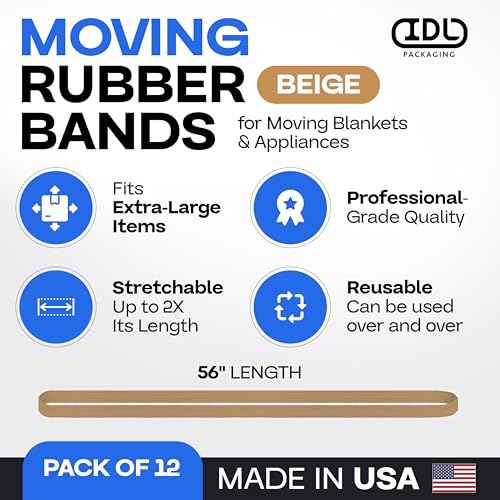 IDL Packaging 56" Strong, Elastic & Flexible Rubber Bands, Pack of 12, Beige - 2X Elasticity, 80% Natural Rubber - Extra Strong Mover Bands for Furniture, Boxes, Moving Blankets