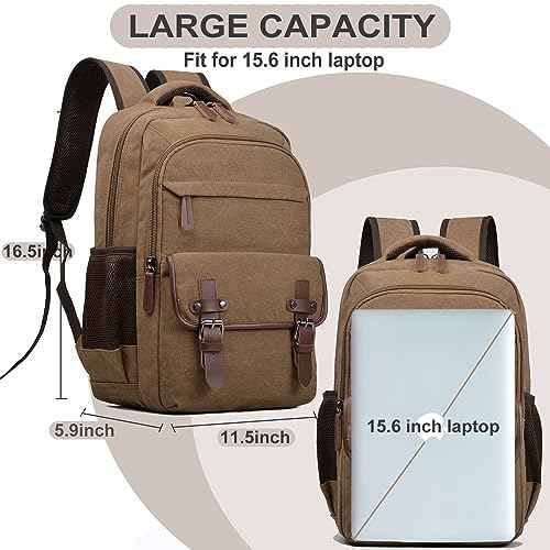 Canvas Laptop Backpack, Vintage Daypack for Men Women,Travel Work Rucksack College Bookbag Computer Bag Fits 15.6 Inch Laptop (Coffee)