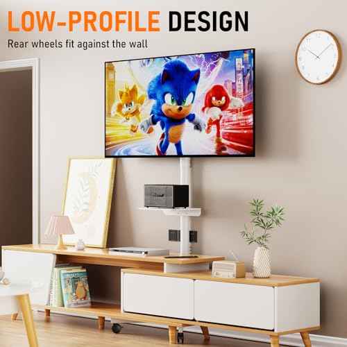 Mobile TV Cart Rolling TV Stand for 23-60 Inch LCD LED OLED Flat Curved Screens up to 88 lbs, Height Adjustable Portable TV Cart with Shelf/Wheels, Outdoor TV Stand Mount, Max VESA 400x400mm, White