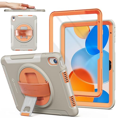 Original Hand Strap Case for iPad 11 (A16) 11-inch (2025) & 10th Gen 10.9-inch (2022) | 360¡Æ Rotating Kickstand, Genuine Leather Hand Strap, Built-in Screen Protector (Orange Grey)