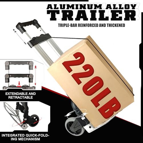 Folding Hand Truck, Portable Heavy Duty Carrying Moving Dolly Cart with 2 Foldable Wheels and Retractable Handle Duty 220lbs (Silver)