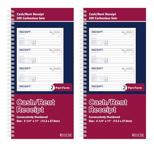 2 Pack Receipt Book with Carbon Copies - Rent Receipt Book, 200 Sets/Book