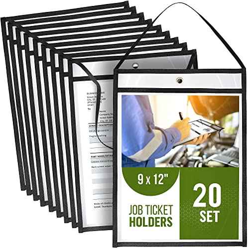 20 Pack Job Ticket Holders 9x12 with Strap - Permit Holder for Documents - Hanging Shop Ticket Holders - Work Order Plastic Sleeves - Dry Erase Pockets Sleeves Mechanic & Automotive Work Order Sleeve