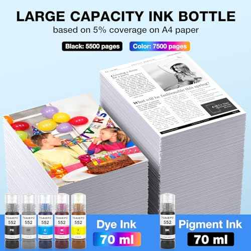 552 Ink Refill Bottles Replacement for Epson T552 Refill Ink Bottles Work with ET-8550 ET-8500 ET8550 ET8500 8550 8500 Printer, 6 Pack (Pigment Black, Color Dye)