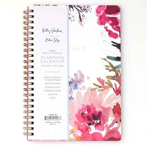 Blue Sky Kelly Ventura 2026 Weekly and Monthly Planner Calendar, January 2026 - December 2026, 5" x 8", Flexible Cover, Laminated Tabs, Durable Twin Wire Binding, Storage Pocket, Magenta Blooms
