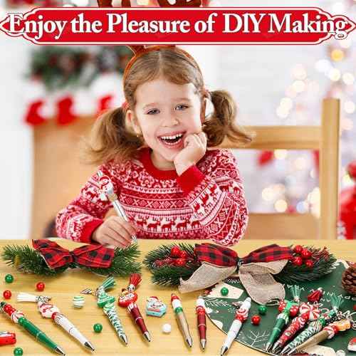220 Pcs Christmas Beaded Pens Bulk,22 Sets Christmas Pens Bulk with Christmas Focal Beads, Silicone Beads, Christmas Charms and Tassels, DIY Beadable Pens Gift for Office School Students