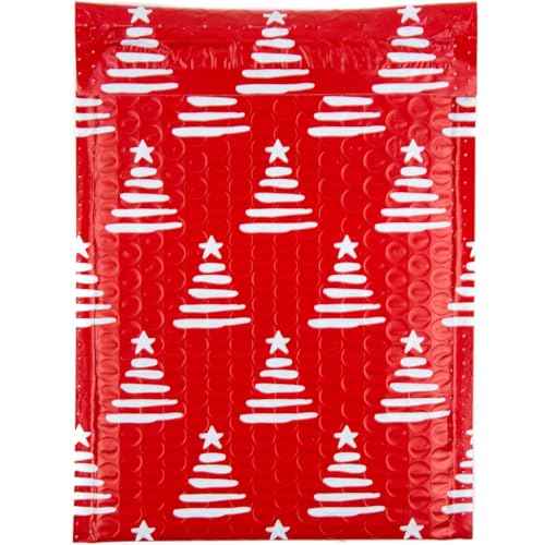 Bubble Mailers 6x9" - Red Christmas Trees with Writable Area - 25 Pack - Holiday Poly Padded Envelopes and Bubble Shipping Mailers