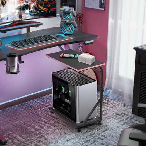 Ergonomic Height Adjustable Computer Tower Stand, 2-Tier CPU Holder Cart Under Desk, PC Floor Stand for Office Gaming Black and Pink